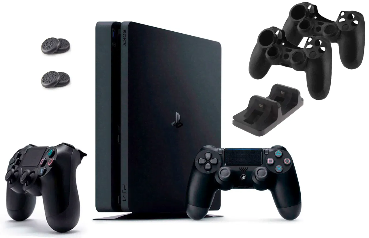 Игровая приставка Sony PlayStation 4 Slim 1 ТБ + 2-й джойстик + Зарядная станция + 2 накладки + 2 чехла для джойстика